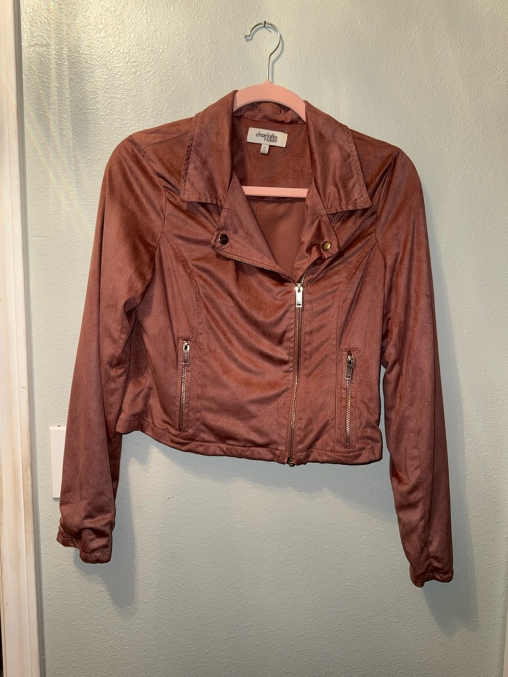 Charlotte Russe Faux Suede Moto Jacket in Pink